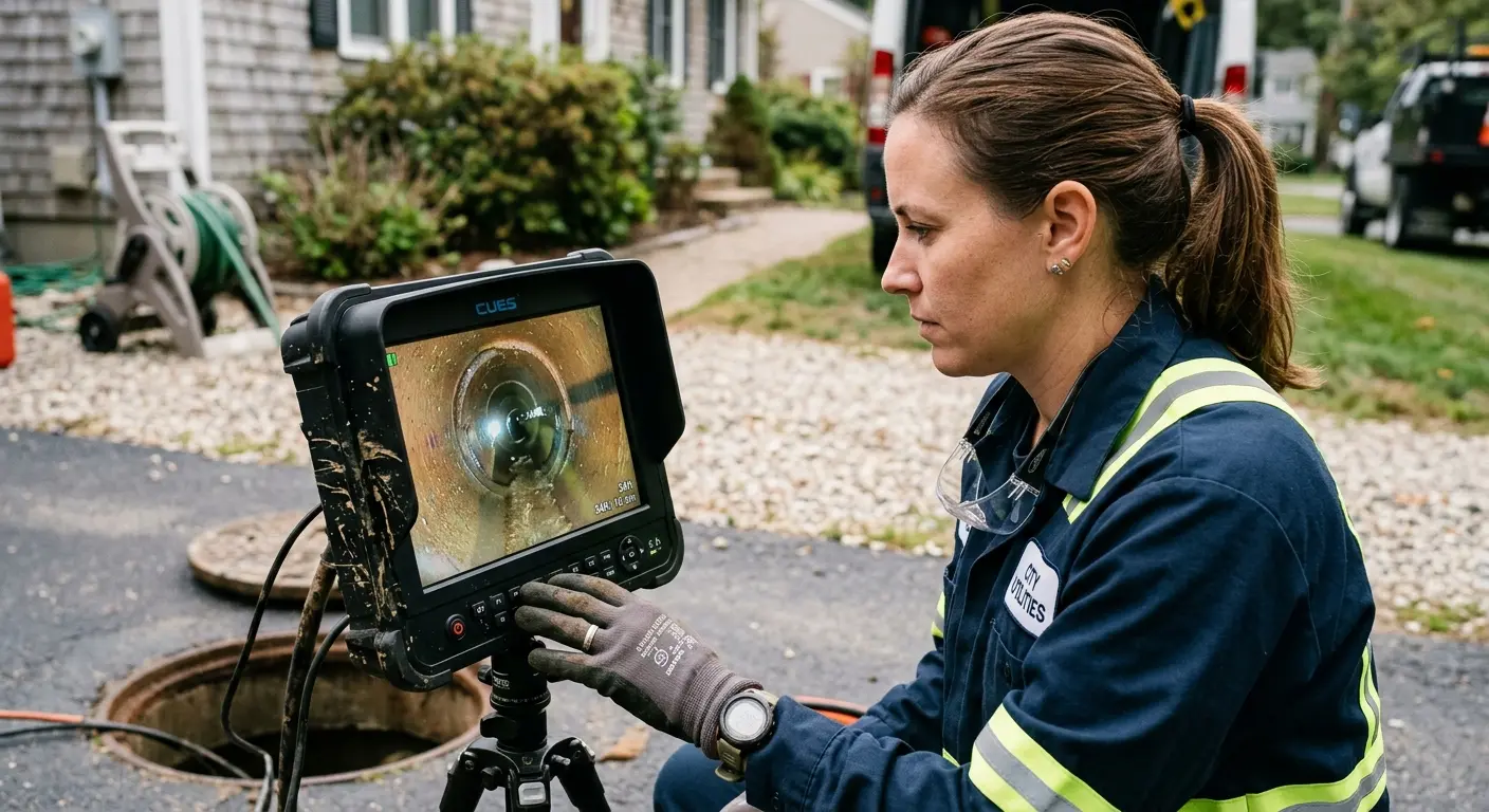 Technician reviewing sewer camera inspection footage in Claverack