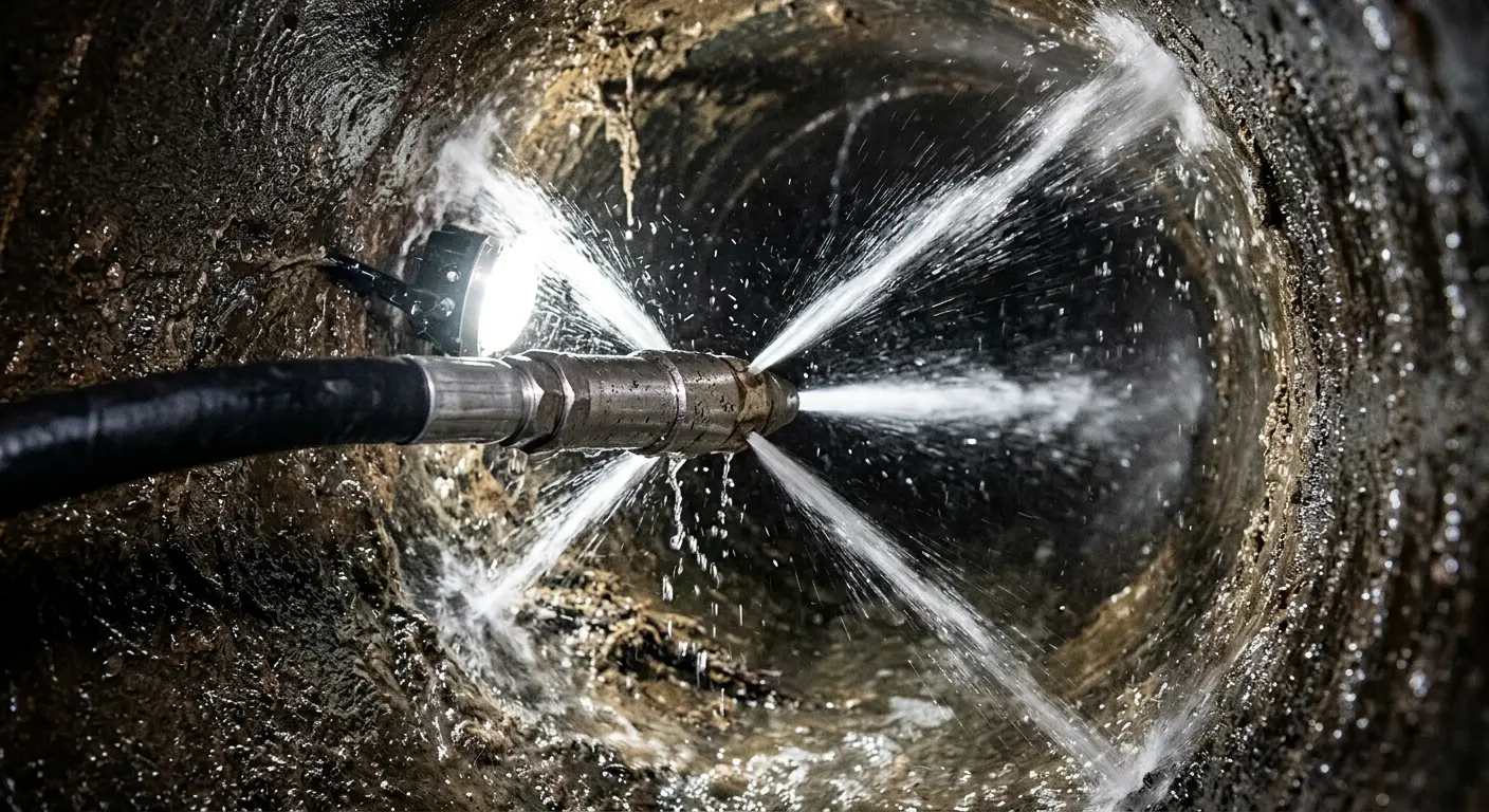 High-pressure hydro jetting nozzle cleaning sewer pipe for Trenchless Sewer Repair in Claverack