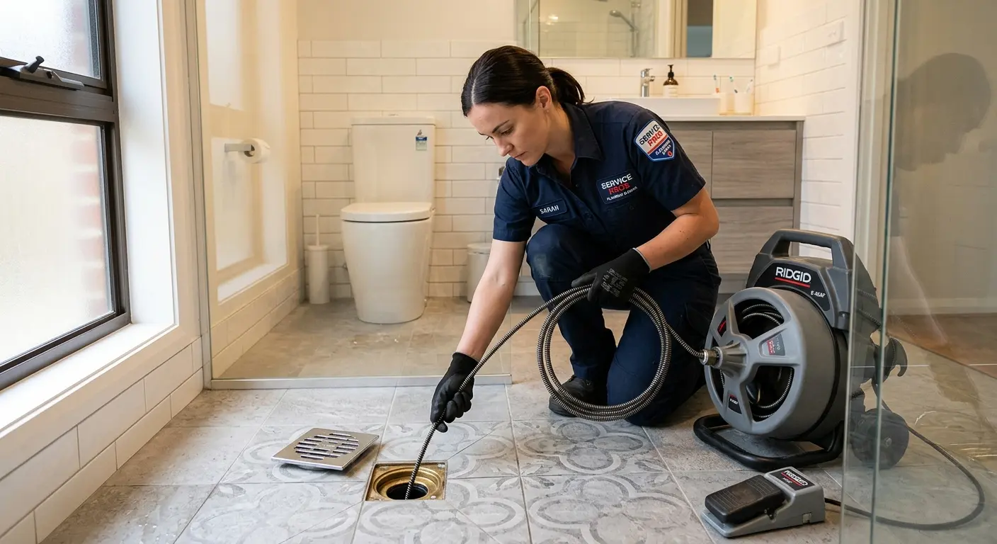 Technician clearing a bathroom floor drain for Sewer Line Replacement in Claverack